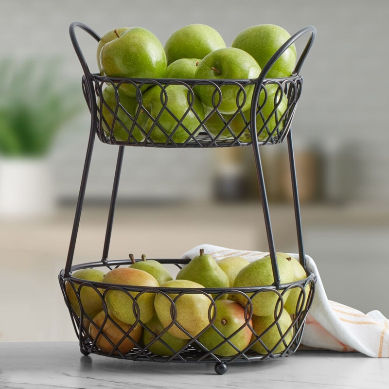 Tiered Fruit Basket Interlocking Loop Pattern Matte Black Wire 2-Tier