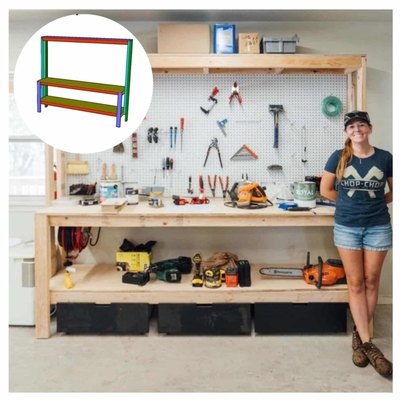 Tiered Garage Workbench with Pegboard Back and Rolling Bins