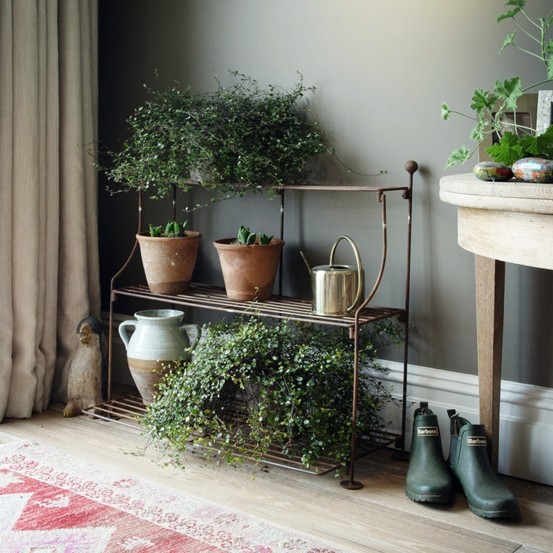 Tiered Plant Stand Slatted Shelves Antique Bronze Curved Frame Rustic