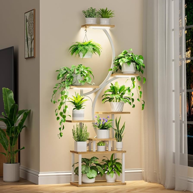 Tiered Plant Stand Vertical Display S-Shaped Frame with Grow Lights