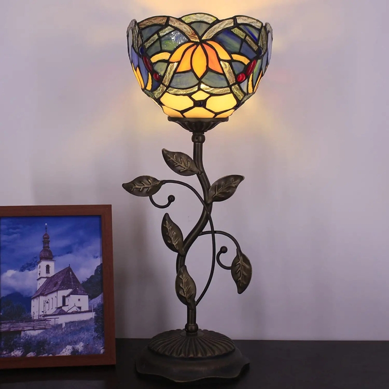 Tiffany Lotus Table Lamp with Stained Glass Shade and Vine Inspired Stem
