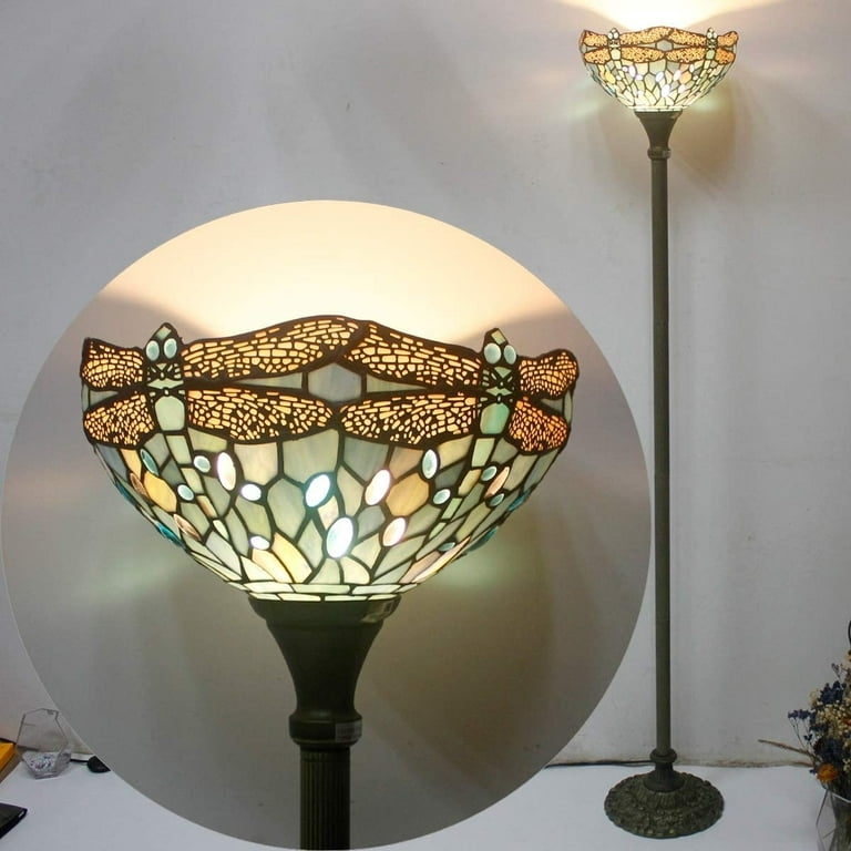 Tiffany Style Floor Lamp with Sea Blue Dragonfly Motif and Cast Metal Base