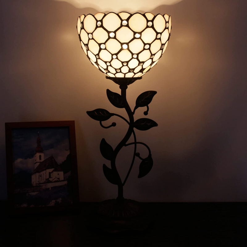 Tiffany Style Table Lamp with Floral Vine Stem Base and Scalloped Shade