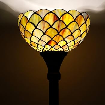 Tiffany Style Torchiere Lamp with Amber Fish Scale Pattern Glass Shade
