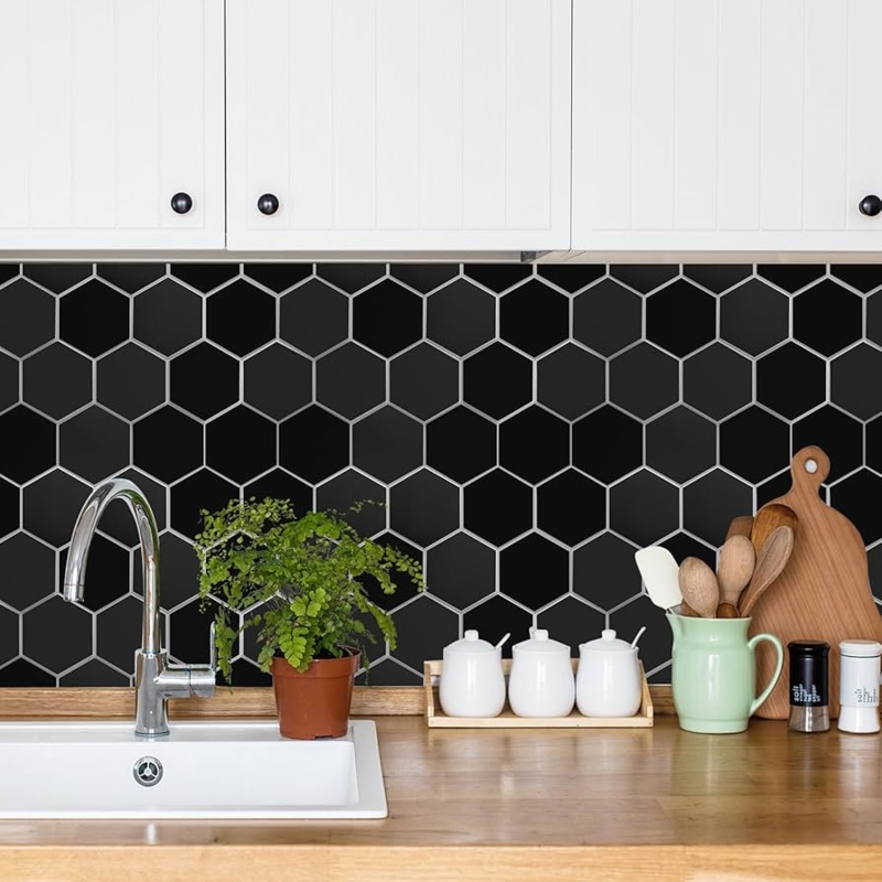 Tile Backsplash Matte Black Hexagon Peel and Stick, White Grout