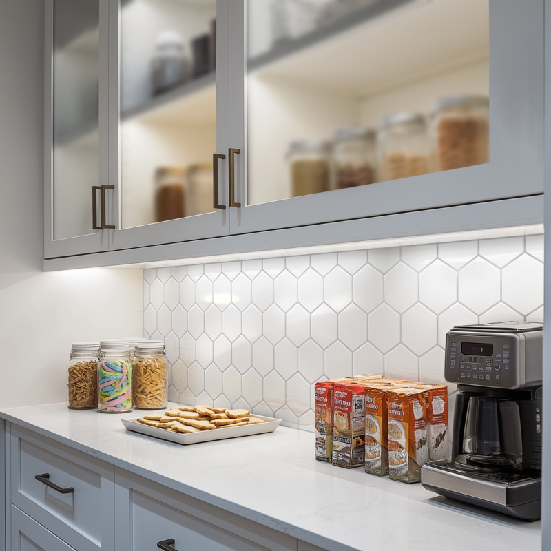 Tile Backsplash with Under Cabinet Lighting and Frosted Glass Doors