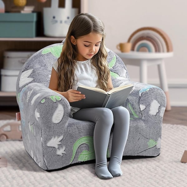 Toddler Armchair Heather Gray Fleece-Like Texture with Dinosaur Print