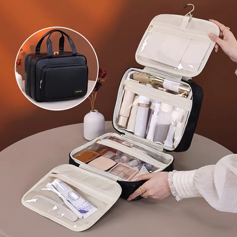Toiletry Bag, Black Foldable Clear PVC Hanging Organizer