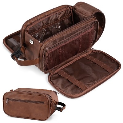 Toiletry Bag, Chestnut Brown Leather-Like Buckled Handle Kit