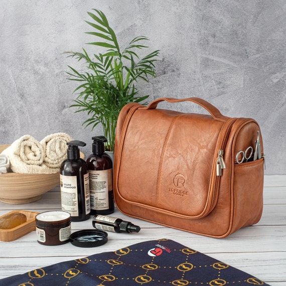 Toiletry Bag, Cognac Brown Leather-Like Hanging Flap Kit