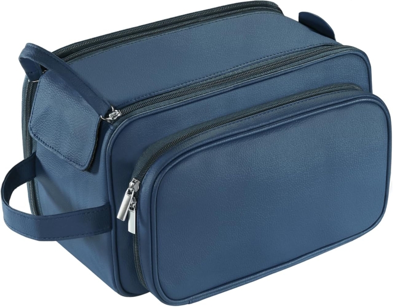 Toiletry Bag, Navy Blue Pebbled Leather-Like Triple Zipper Kit