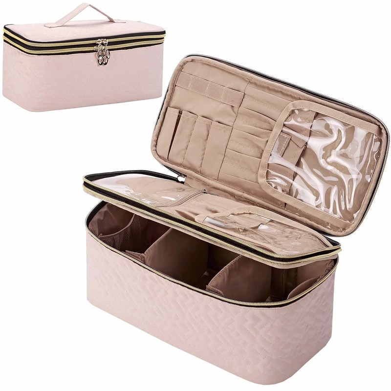 Toiletry Bag, Pale Pink Double Layer Quilted Chevron Case
