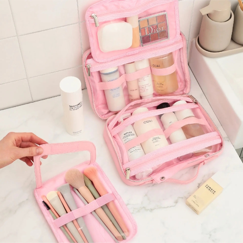 Toiletry Bag, Pastel Pink Hanging Kit with Brush Pouch