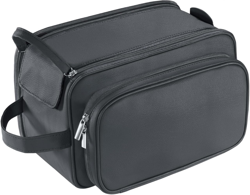 Toiletry Bag, Pebbled Black Leather-Like Dopp Kit