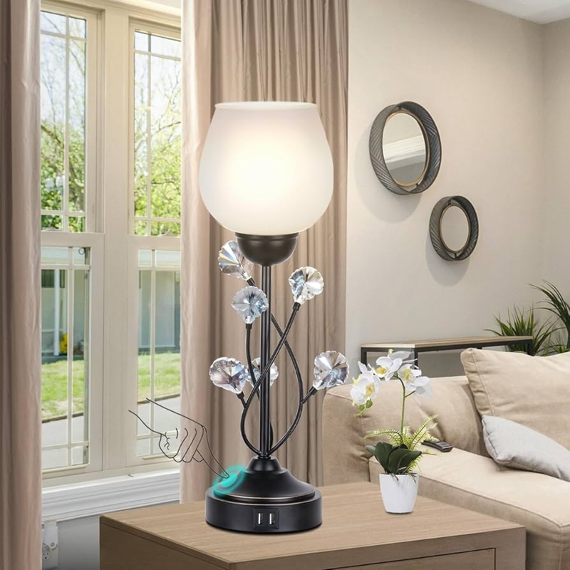 Touch Control Table Lamp with Crystal Leaf Accents, Matte Black Finish