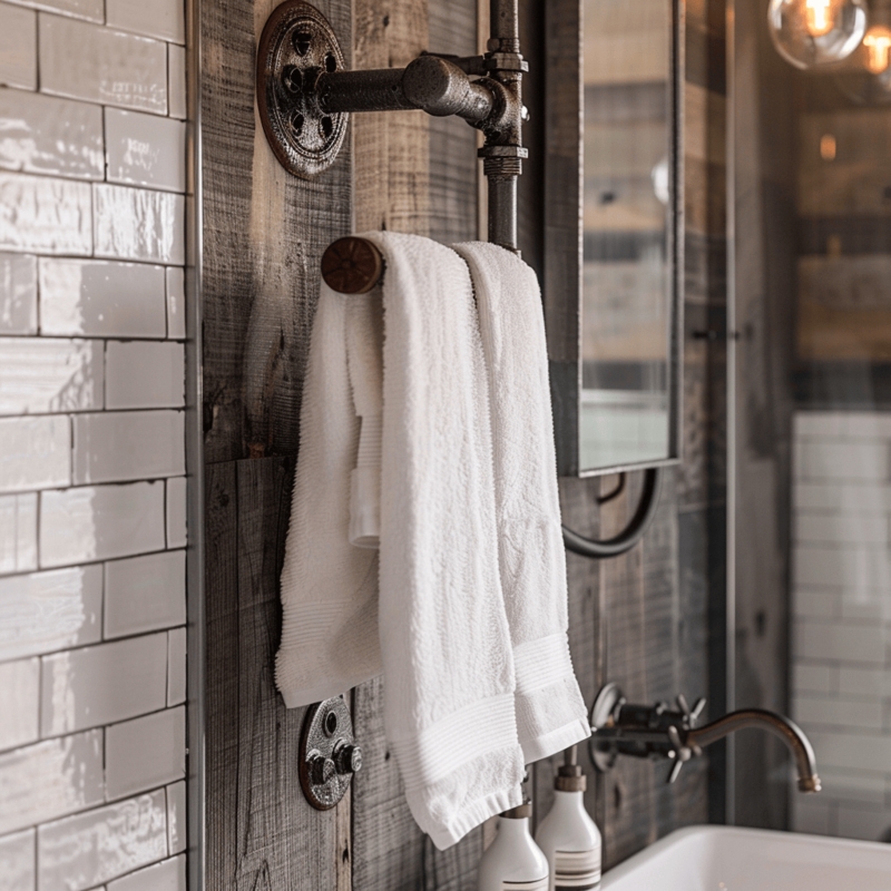 Towel Rail: Industrial Pipe Fittings mounted on Weathered Wood Paneling