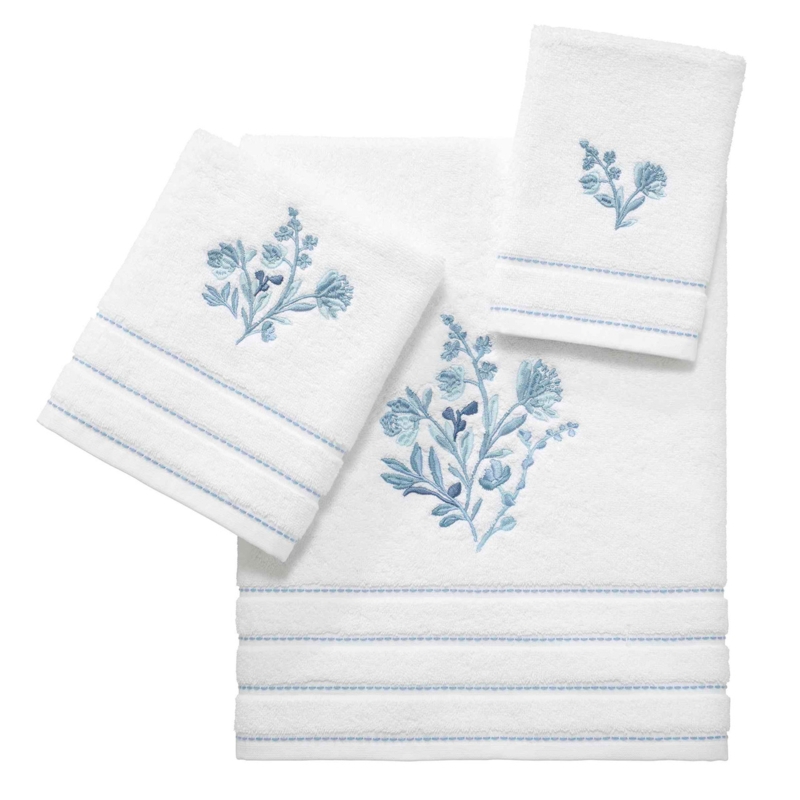 Towel Set Three Piece Cotton Floral Embroidery Dashed Line Coastal