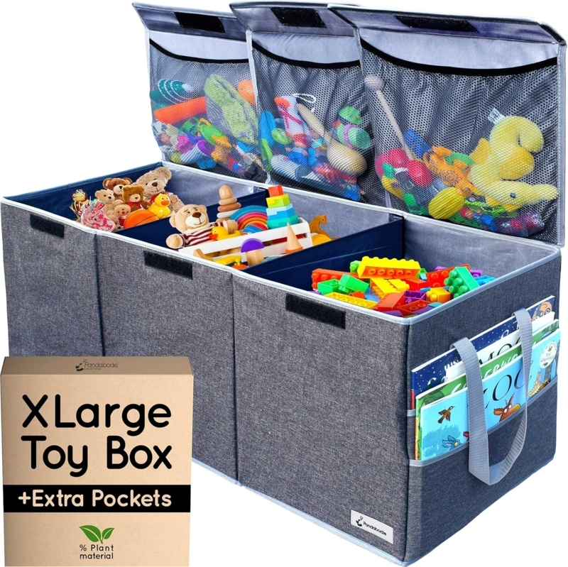 Toy Chest Charcoal Grey 167L Capacity Mesh Lid Pockets Foldable