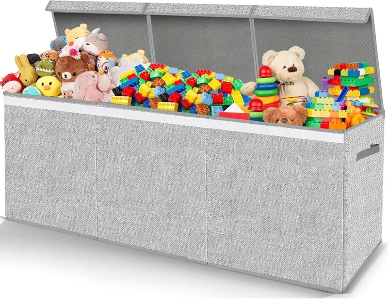 Toy Chest Heathered Grey Triple Folding Lids Kids Playroom Storage