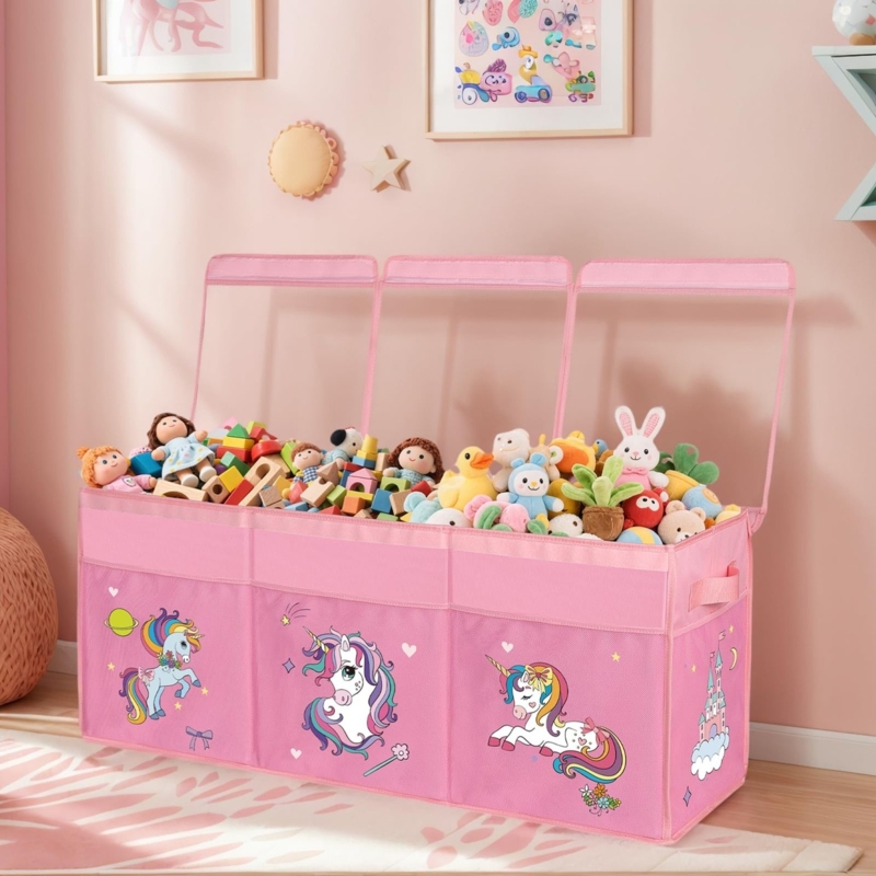Toy Chest Soft Pink Unicorn Illustrations Triple Flip Up Lids Large