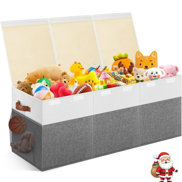 Toy Chest Two Tone Grey White Triple Lids Leather Like Handles