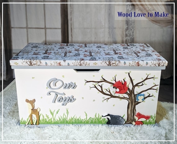Toy Chest With Seat Woodland Animal Print 3D Lettering Padded Lid