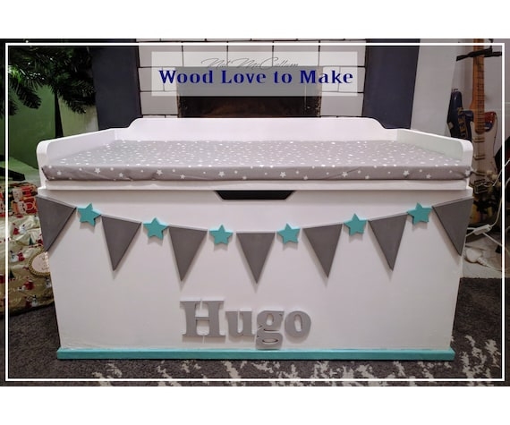 Toy Storage Bench Personalized Hugo Name Star Pattern Cushion Seat