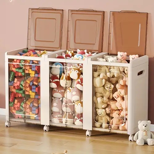 Toy Storage Bin Rolling Casters Front Access Doors Modular Amber Lid