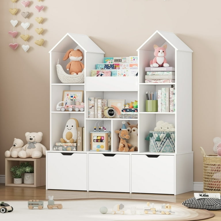 Toy Storage Organizer House Shaped Top, White, Three Bin Storage