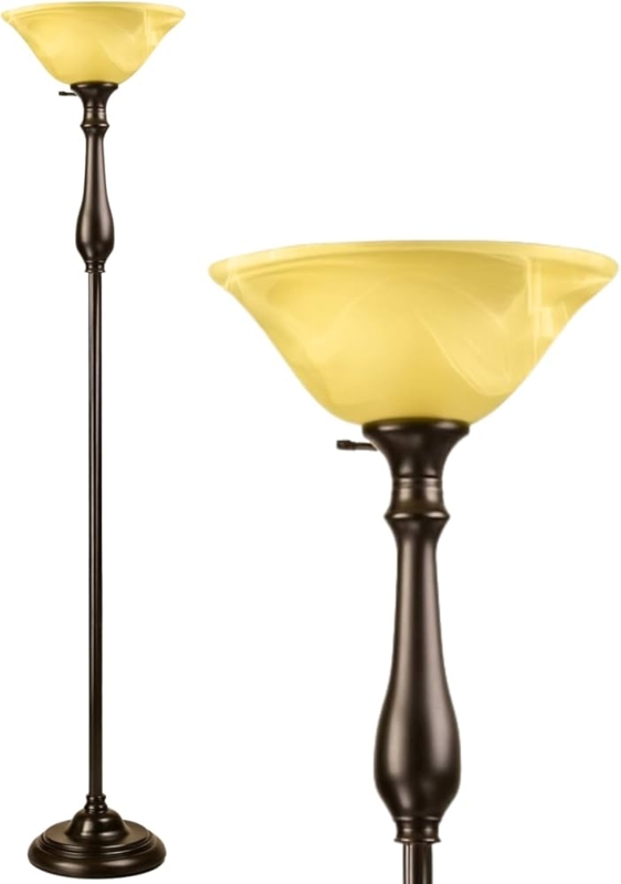 Traditional Bronze Floor Lamp with Amber Alabaster Glass Torchiere Shade