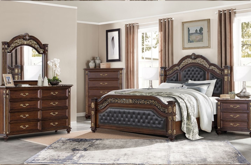 Traditional Cherry Bedroom Set: Baroque Style with Tufted Footboard