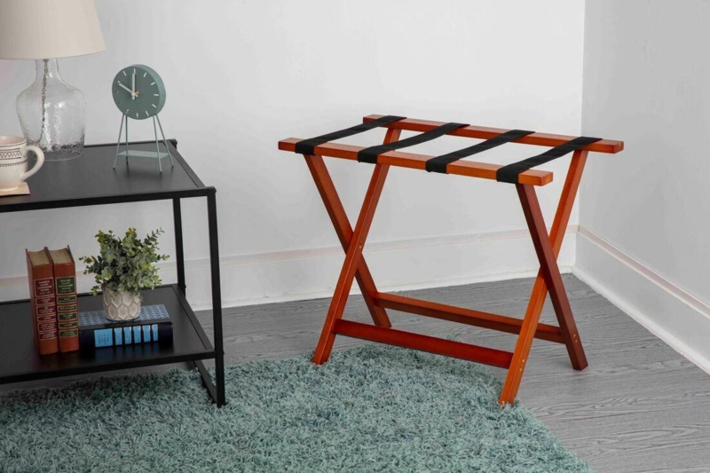 Traditional Cherry Wood Folding Luggage Rack with Black Straps