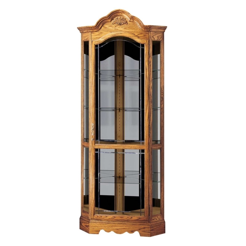 Traditional Corner Curio Cabinet Shell Carving V-Grooved Glass