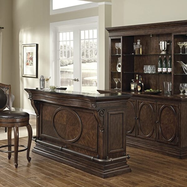 Traditional Home Bar Espresso Finish Oval Wood Panels Hutch
