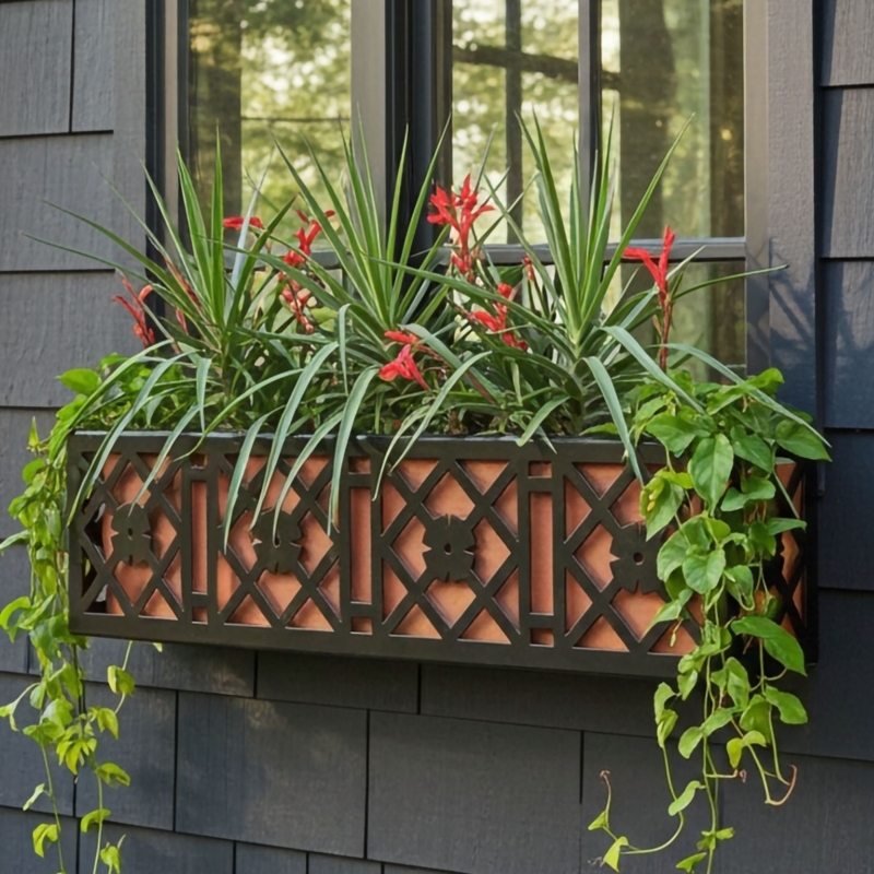 Traditional Lattice Window Box featuring Floral Medallions