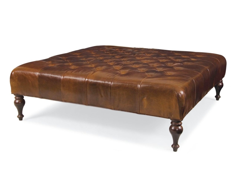Traditional Leather Ottoman Turned Legs Button Tufted Square