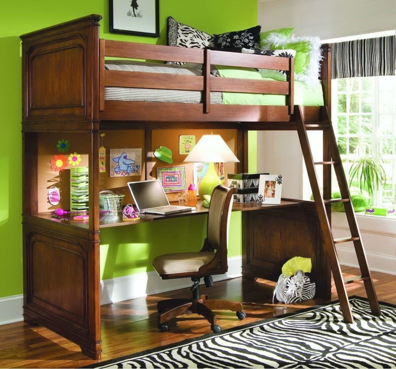 Traditional Loft Bed Walnut Brown Wood with Desk and Corkboard