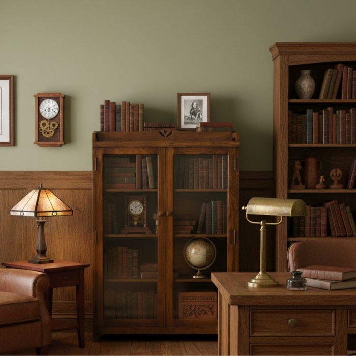 Traditional Mission Curio Cabinet featuring Decorative Carved Motif