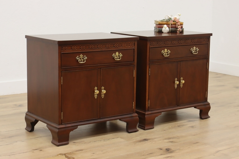 Traditional Nightstand Set with Lattice Fretwork and Ogee Feet