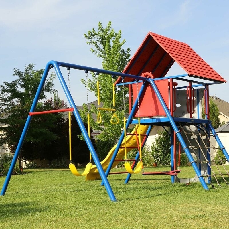 Traditional Outdoor Playset: Tri-Color Scheme, Pitched Roof