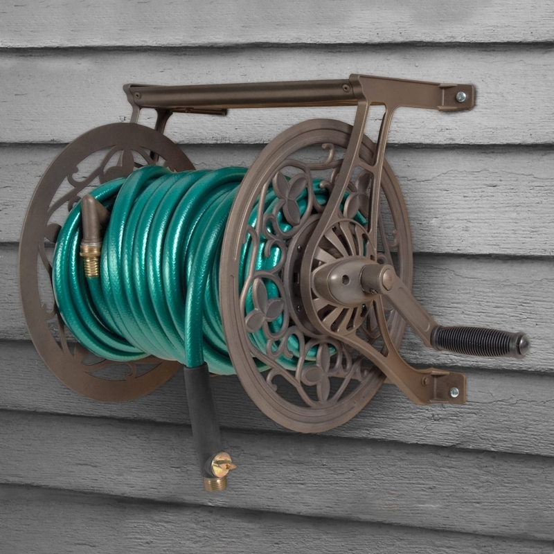 Traditional Patio Hose Reel: Ribbed Handle Crank, Scrollwork Design