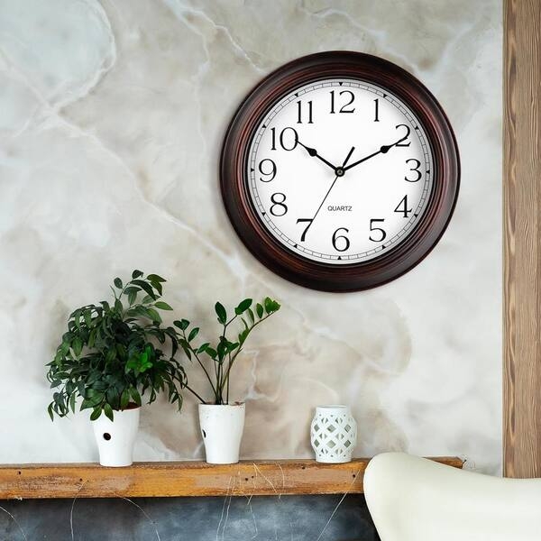 Traditional Round Analog Wall Clock with Dark Bronze Frame