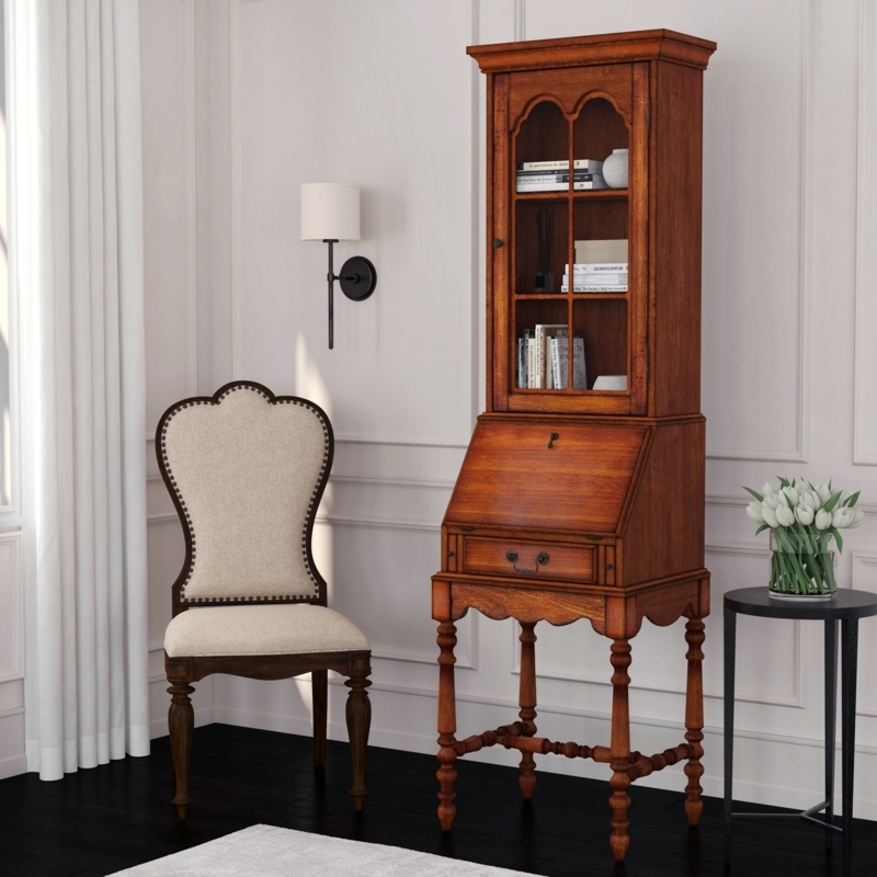 Traditional Secretary Desk: Arched Glass Doors, Chestnut Brown Hutch