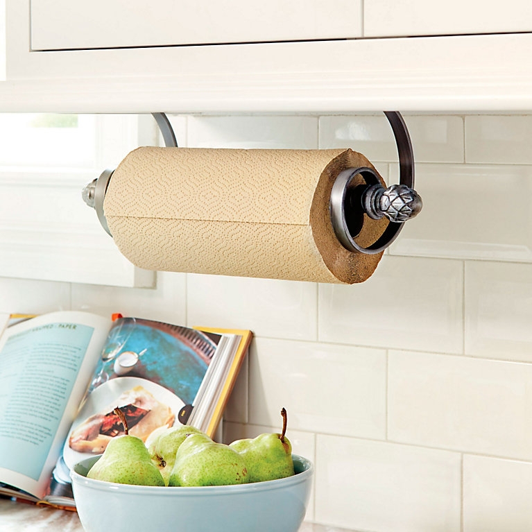Traditional Under Cabinet Paper Towel Holder, Artichoke Finial Pewter