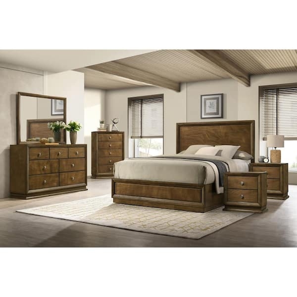 Transitional Bedroom Set Beveled Corner Details Walnut Wood Bronze