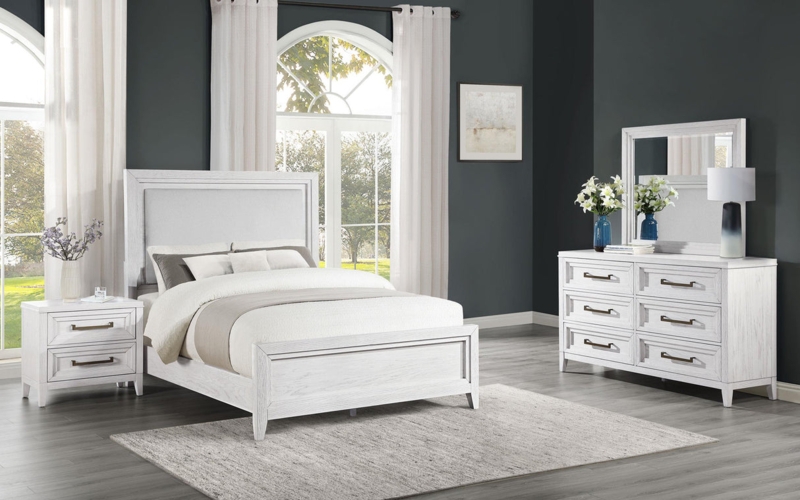 Transitional Farmhouse Bedroom Set with Upholstered Headboard