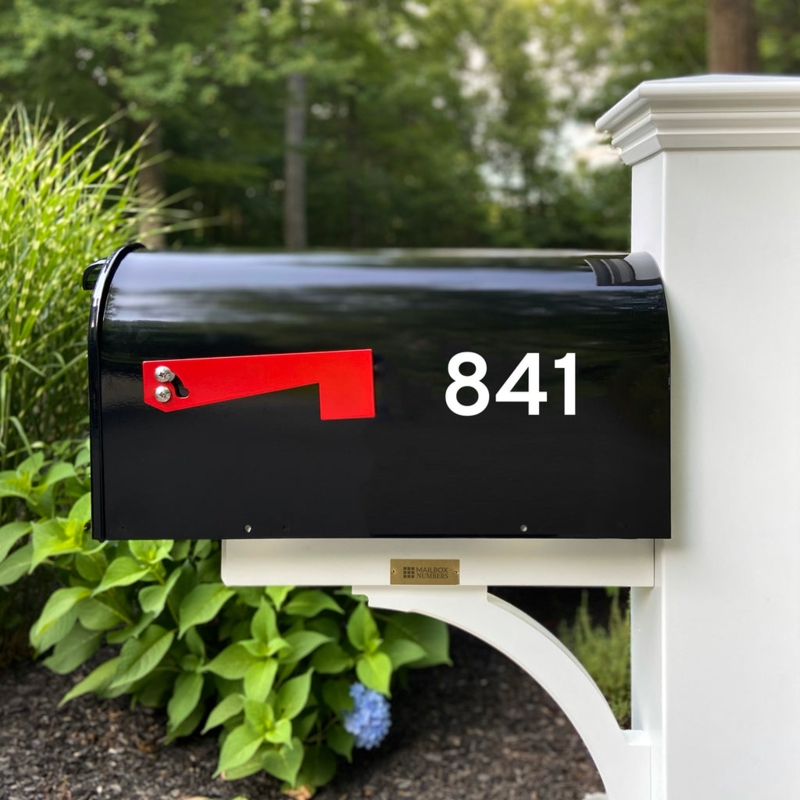 Transitional Glossy Black Mailbox with White Address Decals and Post
