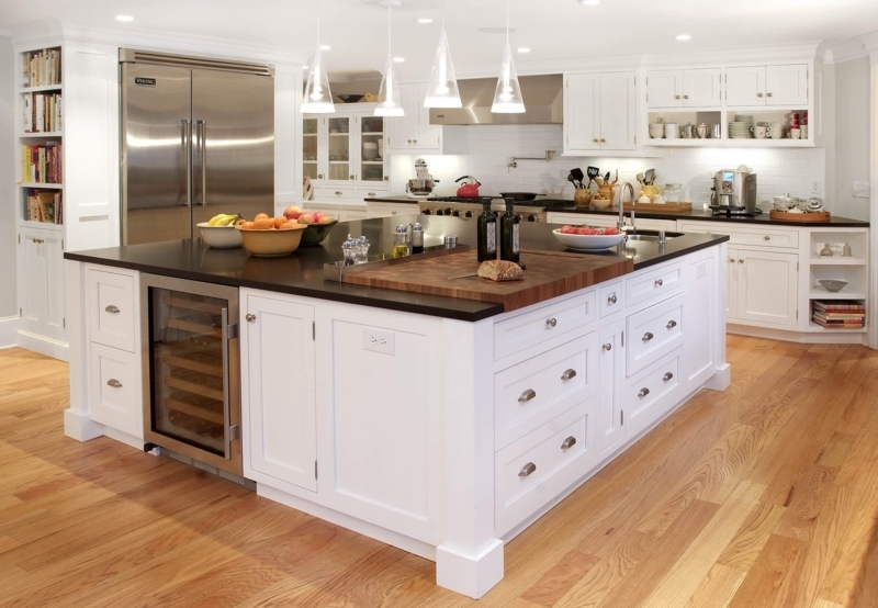Transitional Island with Wine Fridge & Butcher Block Insert