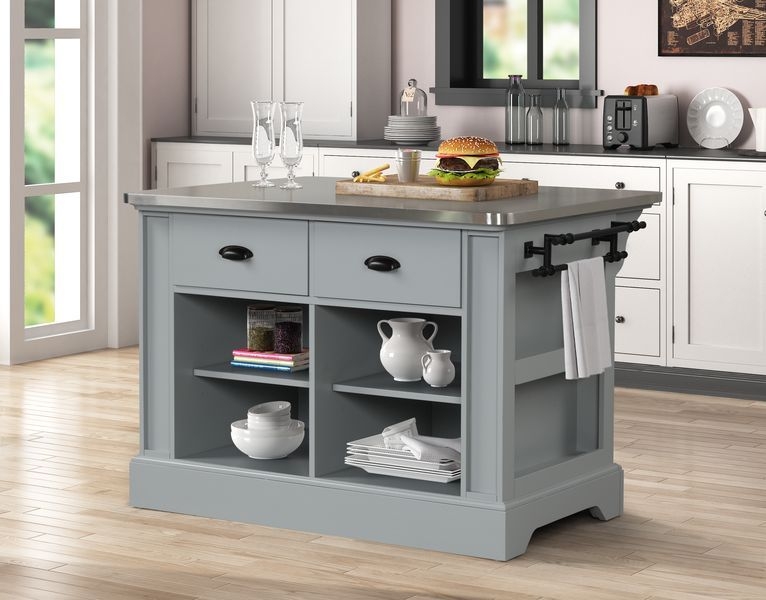 Transitional Kitchen Cart Cool Gray Bin Pull Hardware Open Shelving