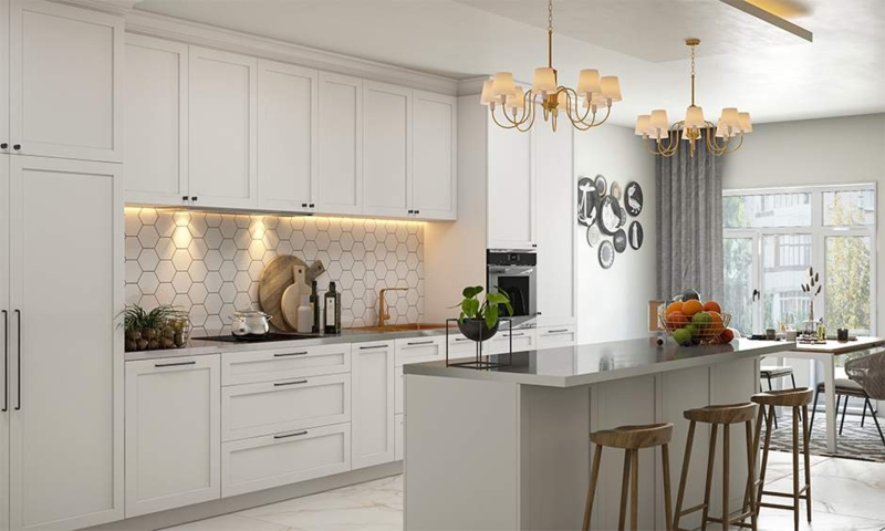 Transitional Kitchen Island Stainless Steel Countertop Brass Lighting